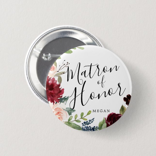 Matron of Honour Burgundy Bouquet Custom Wedding 6 Cm Round Badge (Front & Back)