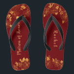 Matron of Honour Dark Burgundy Gold Foliage Patter Flip Flops<br><div class="desc">These gorgeous dark burgundy and gold foliage pattern matron of honour flip flops has a dark burgundy background that is adorned with an intricate gold floral greenery pattern and customisable modern typography. The combination of the rich burgundy and the shimmering gold create an elegant and luxurious aesthetic. It's a beautiful...</div>