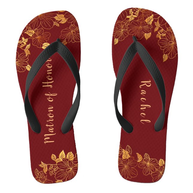 Matron of Honour Dark Burgundy Gold Foliage Patter Flip Flops (Footbed)