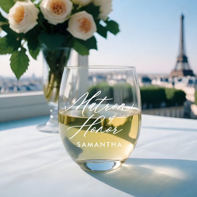 Matron of Honour Elegant Script Name Wedding Party Stemless Wine Glass (Matron of Honor Elegant Script Name Wedding Party Stemless Wine Glass)