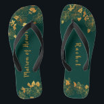 Matron of Honour Emerald Green & Gold Foliage  Flip Flops<br><div class="desc">These gorgeous emerald green and gold foliage matron of honour flip flops feature golden foliage pattern and modern typography on timeless dark green background. It's a beautiful gift for your bridal party. View the collection on this page to find matching items. ♥Customise it with your information. ♥ If you want...</div>