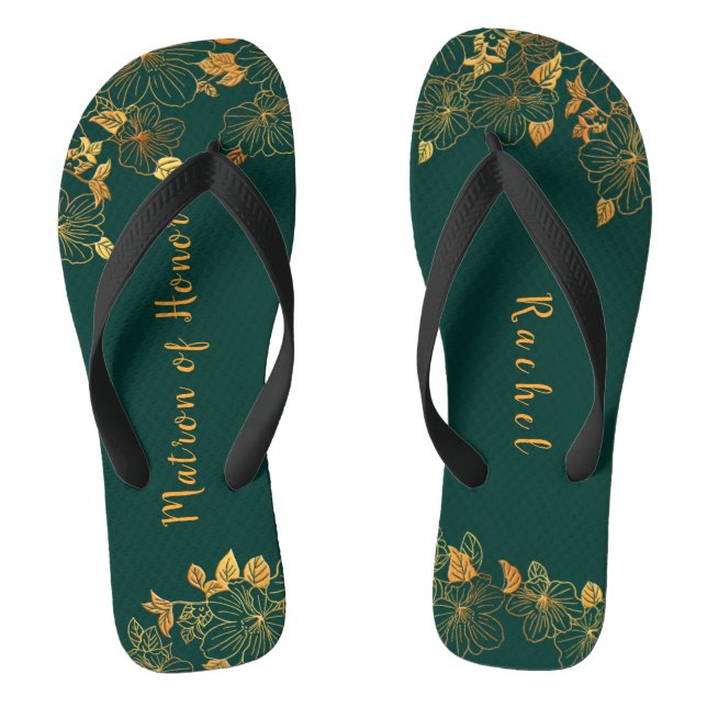 Matron of Honour Emerald Green & Gold Foliage  Flip Flops (Footbed)