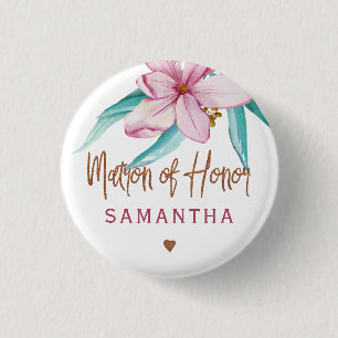 Matron of honour floral pink copper bridal shower 3 cm round badge