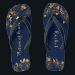 Matron of Honour Gold Foliage Pattern Navy Blue Flip Flops<br><div class="desc">These gorgeous gold foliage pattern navy blue matron of honour flip flops has a dark blue background that is adorned with an intricate gold floral greenery pattern and customisable modern typography. The combination of the rich navy and the shimmering gold create an elegant and luxurious aesthetic. It's a beautiful gift...</div>