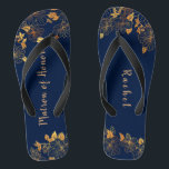 Matron of Honour Gold Foliage Pattern Navy Blue Flip Flops<br><div class="desc">These gorgeous gold foliage pattern navy blue matron of honour flip flops has a dark blue background that is adorned with an intricate gold floral greenery pattern and customisable modern typography. The combination of the rich navy and the shimmering gold create an elegant and luxurious aesthetic. It's a beautiful gift...</div>