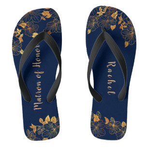 Matron of Honour Gold Foliage Pattern Navy Blue Flip Flops