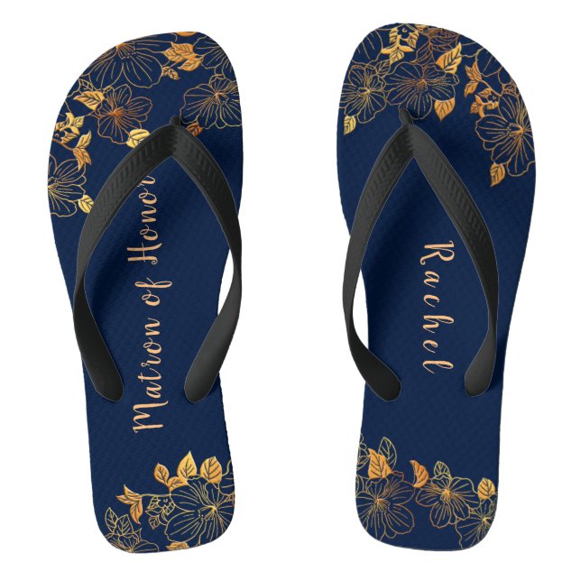 Matron of Honour Gold Foliage Pattern Navy Blue Flip Flops (Footbed)