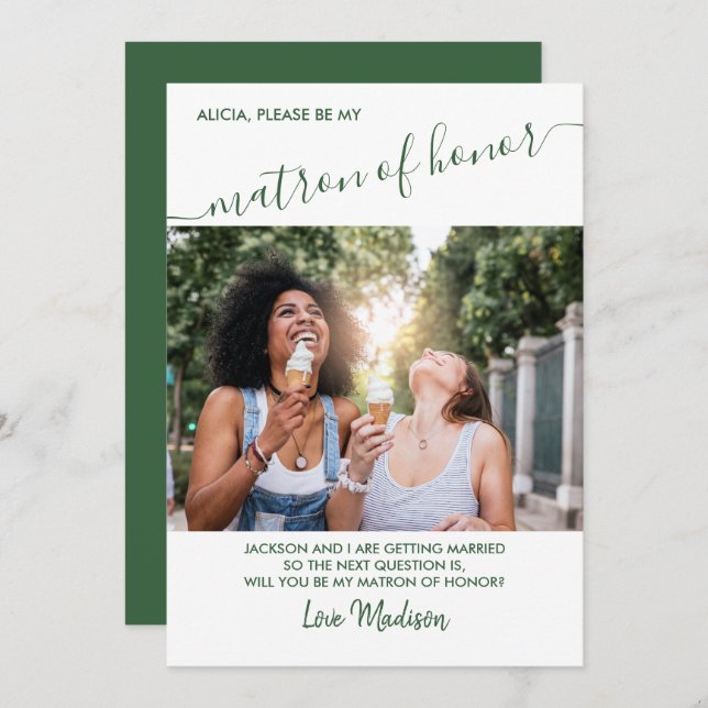 Matron of Honour Green and White Photo Proposal Invitation (Front/Back)