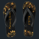 Matron of Honour Luxury Black Gold Foliage Pattern Flip Flops<br><div class="desc">These gorgeous black and gold foliage pattern matron of honour flip flops boasts a luxurious black and gold palette, with a stunning golden floral pattern and modern typography set against a black background, exuding elegance and sophistication. It's a beautiful gift for your bridal party. View the collection on this page...</div>