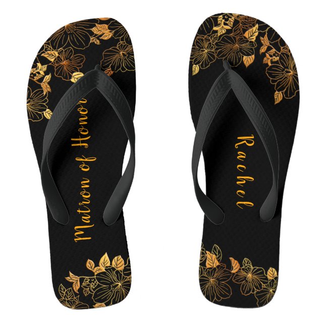 Matron of Honour Luxury Black Gold Foliage Pattern Flip Flops (Footbed)