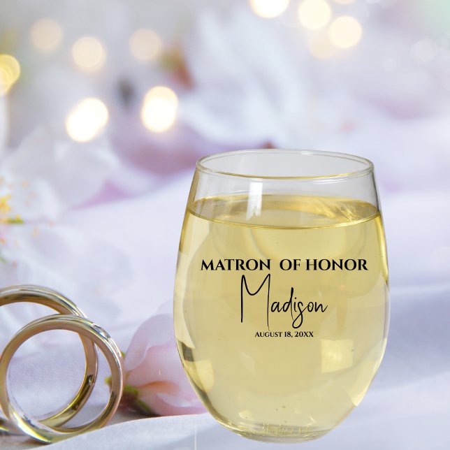 Matron of Honour Name Date  Custom Stemless Wine Glass (Creator Uploaded)