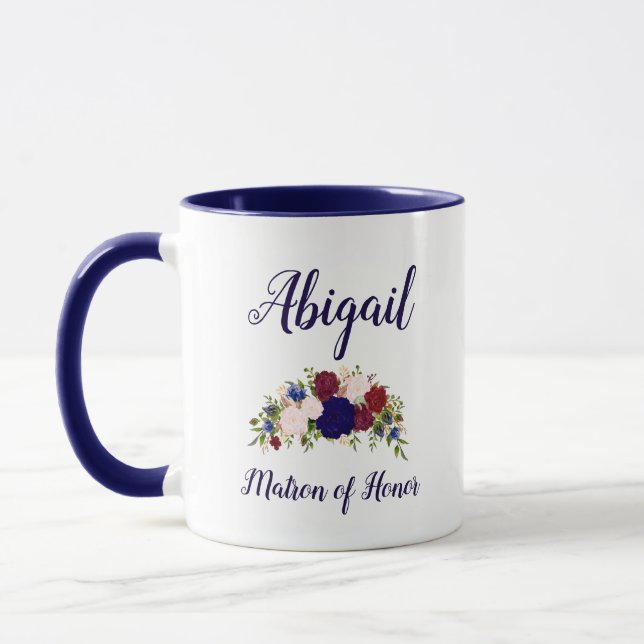 Matron of Honour Navy Blue Marsala Floral Wedding Mug (Left)