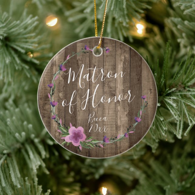 Matron Of Honour Personalised Rustic Floral Wreath Ceramic Tree Decoration (Tree)