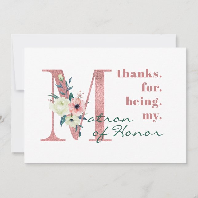 Matron of Honour Pink Floral Letter Wedding Thank You Card (Front)