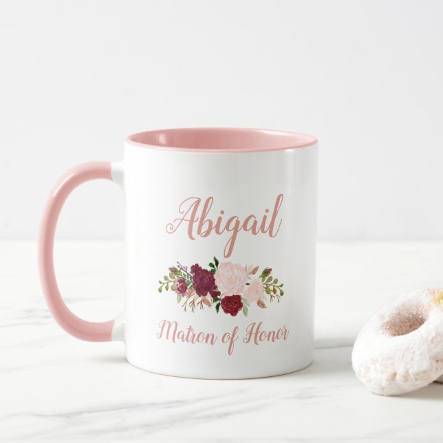 Matron of Honour Pink Marsala Floral Wedding Mug (With Donut)