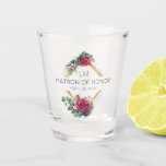 Matron of Honour Red Rose Wedding Date Monogrammed Shot Glass<br><div class="desc">Personalised shot glass for you to customise with your Matron of Honour's monogram, the bride and groom's intials and the wedding date. The design features red roses, eucalyptus and greenery on a gold geometric diamond shaped frame. A lovely wedding keepsake gift for your wedding party. Please browse my store for...</div>