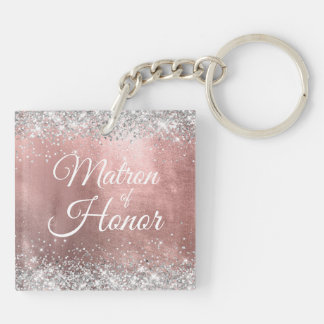 Matron of Honour Silver Glitter Rose Gold Foil Key Ring