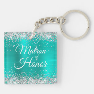 Matron of Honour Silver Glitter Turquoise Foil Key Ring