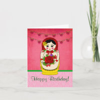 Matryoshka Babushka Doll Damask Birthday Card