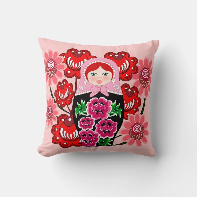 matryoshka doll and Russian Folk Art Khokhloma Cushion (Front)