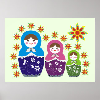 Matryoshka Russian dolls & sunflowers pale green Poster