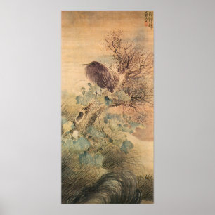 Matsumura Goshun Hibiscus and Blue Heron on a Tree Poster