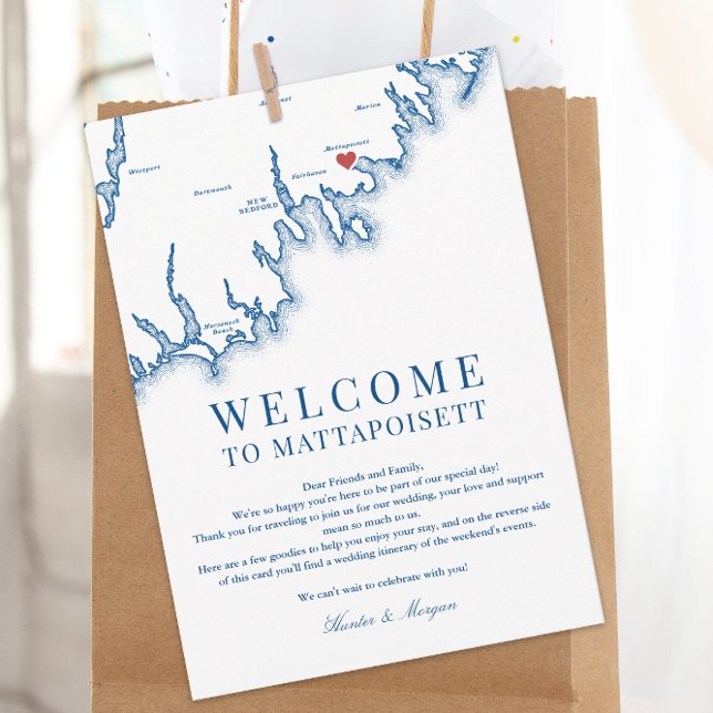 Mattapoisett MA Wedding Welcome Letter Navy Blue Thank You Card (Mattapoisett Wedding Welcome Letter, Weekend Events Itinerary elegant Navy Blue, Coastal Map Designs)