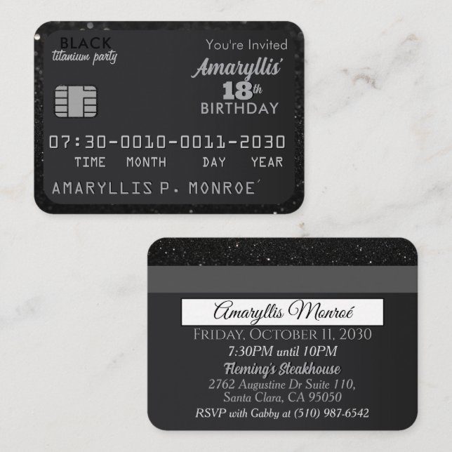 Matte Black Credit Card Birthday Invitations (Front/Back)