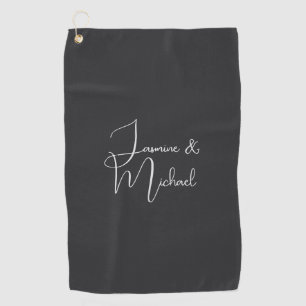 Matte Black Handwriting Couple Names Wedding Golf Towel