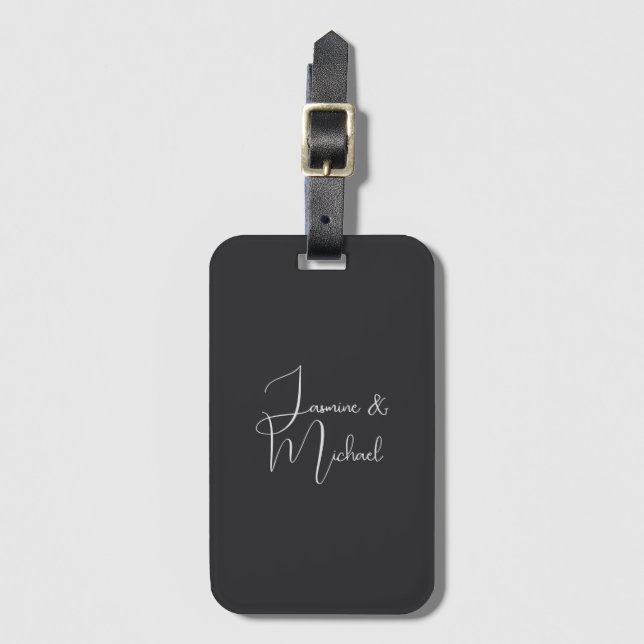 Matte Black Handwriting Couple Names Wedding Luggage Tag (Front Vertical)