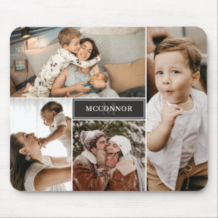 Matte Black Modern 4 Photo Collage & Name Mouse Mat