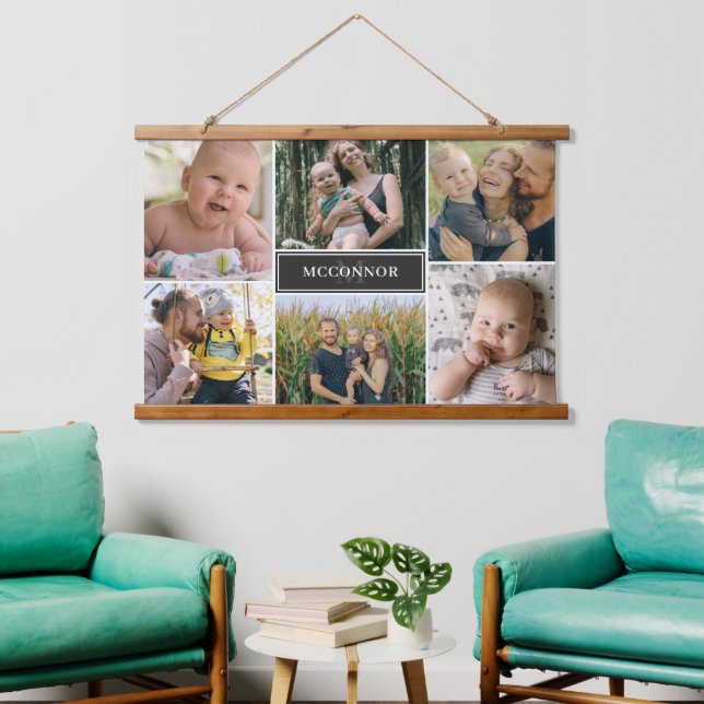 Matte Black Modern 6 Photo Collage & Name Hanging Tapestry (Living Room)