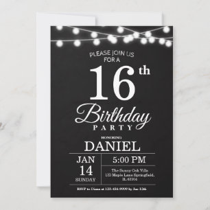 Matte Black String Lights 16th Birthday Invitation
