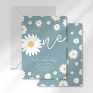 Matte Blue Daisy 1st Birthday Invitation