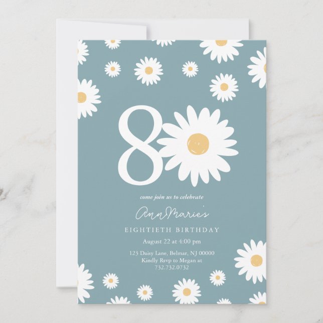 Matte Blue Daisy 80th Birthday Invitation (Front)