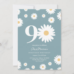 Matte Blue Daisy 90th Birthday Invitation