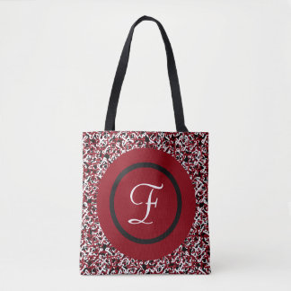 Matte Crimson & White Abstract Floral Monogram Tote Bag
