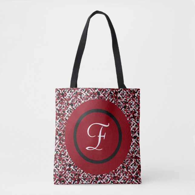 Matte Crimson & White Abstract Floral Monogram Tote Bag (Front)