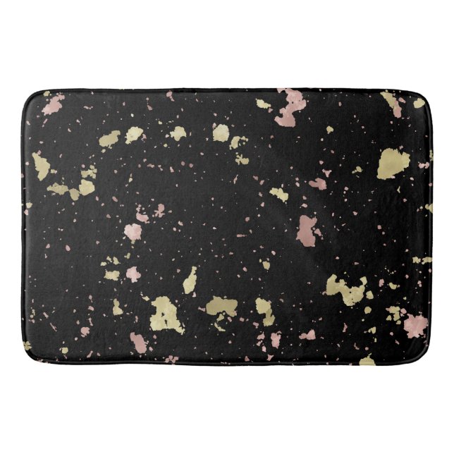 Matte Gold and Rose Gold Flakes Black Bath Mat (Front)
