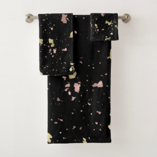 Matte Gold and Rose Gold Flakes Black Bath Towel Set