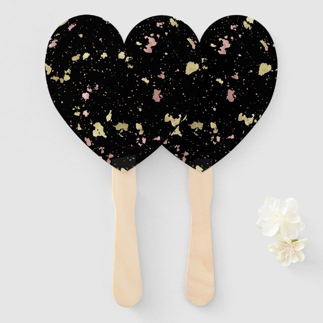 Matte Gold and Rose Gold Flakes Black Hand Fan (Front and Back)