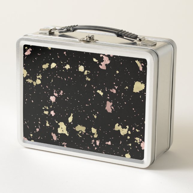 Matte Gold and Rose Gold Flakes Black Metal Lunch Box (Front)