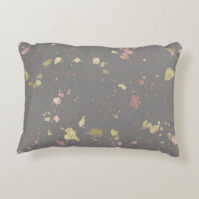 Matte Gold and Rose Gold Flakes Warm Dark Grey Decorative Cushion (Back)