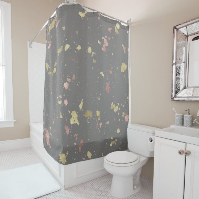Matte Gold and Rose Gold Flakes Warm Dark Grey Shower Curtain (In Situ)