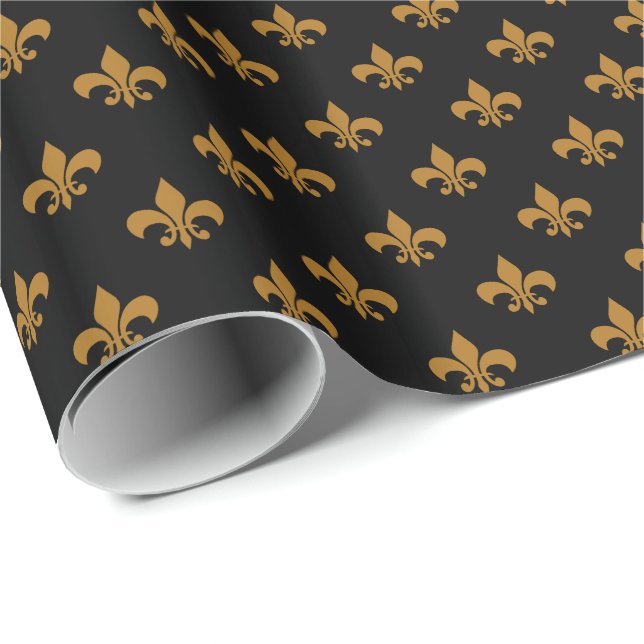 Matte Gold Fleur-de-lis on Black Wrapping Paper (Roll Corner)