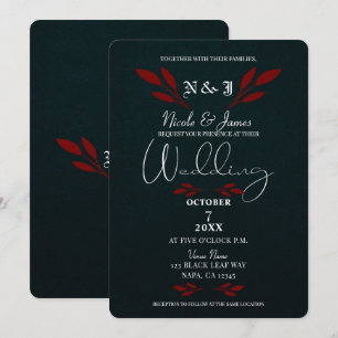 Matte Red Leaves Black Modern Glam Gothic Wedding Invitation
