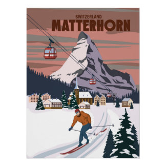 Matterhorn Ski resort poster, retro. Alpes Winter Poster