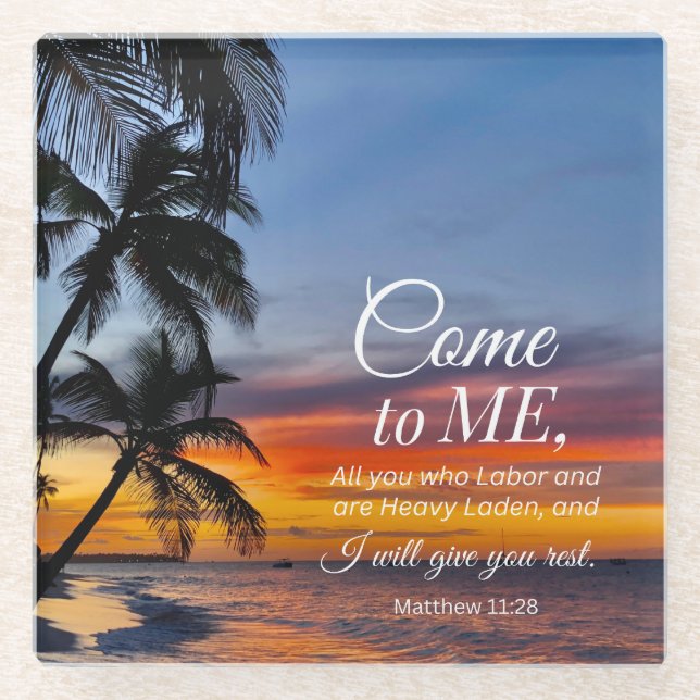 Matthew 11:28 Bible Verse Palm Trees Sunset  Glass Coaster (Front)