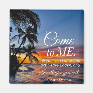 Matthew 11:28 Bible Verse Palm Trees Sunset Magnet