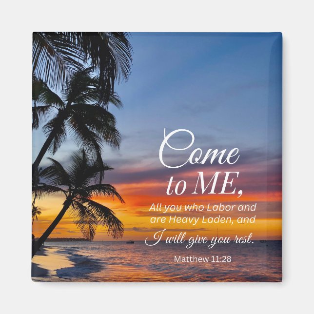 Matthew 11:28 Bible Verse Palm Trees Sunset  Magnet (Front)